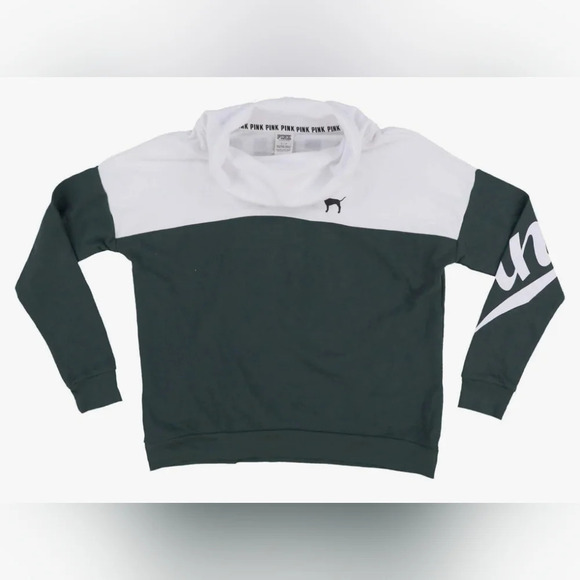 Victoria's secret pink cowl neck arm spellout Forest green/white sweater M - Picture 13 of 14